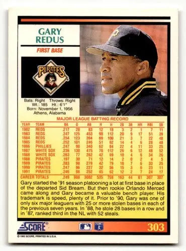 1992 Score #303 Gary Redus Pittsburgh Pirates Baseball Cards EX/NM ID:60456 - Baseball Card Single