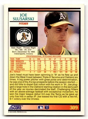 1992 Score #309 Joe Slusarski Oakland Athletics Baseball Cards EX/NM ID:58568 - Baseball Card Single