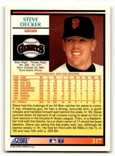 1992 Score #317 Steve Decker San Francisco Giants Baseball Cards EX/ ID:60455 - Baseball Card Single