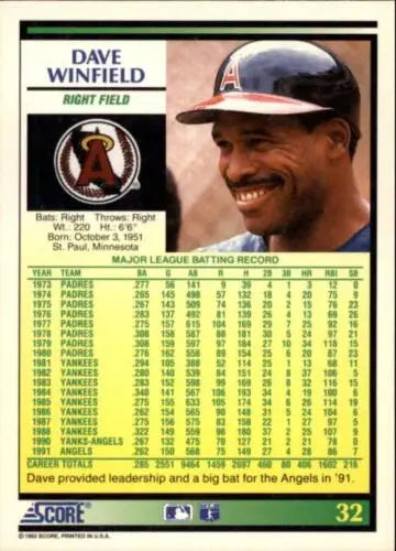 1992 Score #32 Dave Winfield NM-MT Angels baseball card with original gloss finish