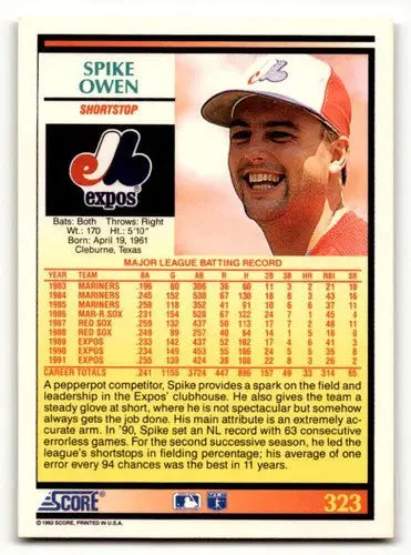 1992 Score #323 Spike Owen Montreal Expos Baseball Cards EX/NM ID:60481 - Baseball Card Single