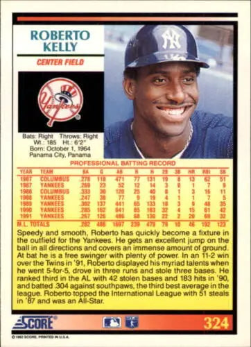 1992 Score #324 Roberto Kelly NM-MT Yankees baseball card with original gloss finish