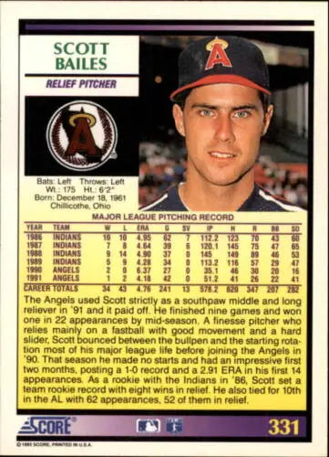 Scott Bailes baseball card 1992 Score #331 original gloss featuring Angels player