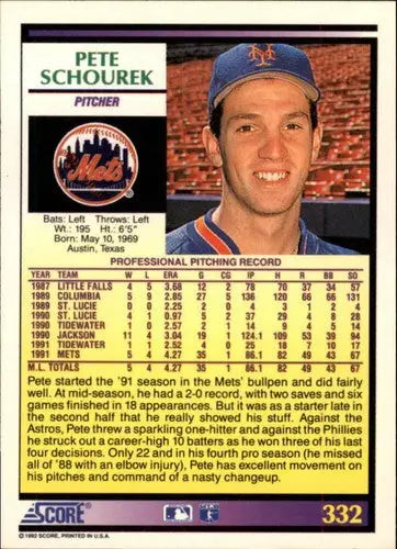 Pete Schourek baseball card with original gloss from 1992 Score NM-MT Mets