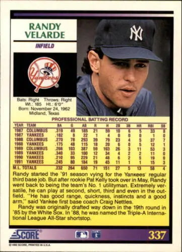 Randy Velarde baseball card 1992 Score #337 original gloss Yankees Simply Sandoval