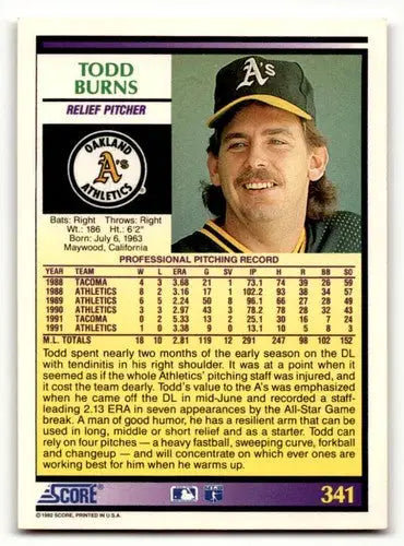 1992 Score #341 Todd Burns Oakland Athletics Baseball Cards EX/NM ID:60453 - Baseball Card Single