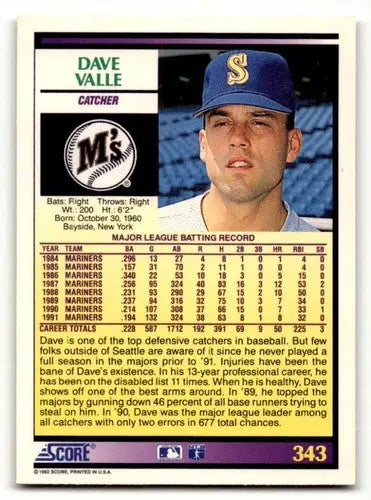 1992 Score #343 Dave Valle Seattle Mariners Baseball Cards EX/NM ID:58570 - Baseball Card Single