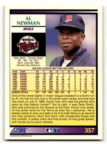 1992 Score #357 Al Newman Minnesota Twins Baseball Cards EX/NM ID:58571 - Baseball Card Single