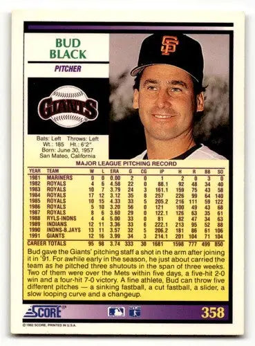 1992 Score #358 Bud Black San Francisco Giants Baseball Cards EX/NM ID:58566 - Baseball Card Single