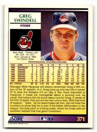 1992 Score #371 Greg Swindell Cleveland Indians Baseball Cards EX/NM ID:58560 - Baseball Card Single