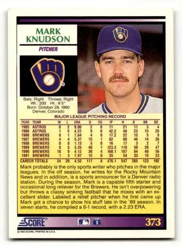1992 Score #373 Mark Knudson Milwaukee Brewers Baseball Cards EX/NM ID:60482 - Baseball Card Single