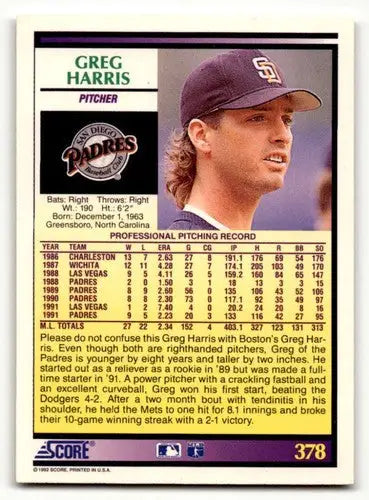 Greg Harris San Diego Padres baseball card from 1992 Score series, EX/NM condition