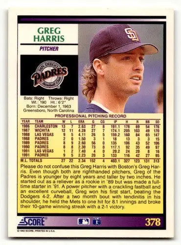 1992 Score #378 Greg Harris San Diego Padres Baseball Cards EX/NM ID:55119 - Baseball Card Single