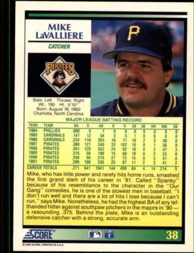 1992 Score #38 Mike LaValliere NM-MT Pirates baseball card with original gloss