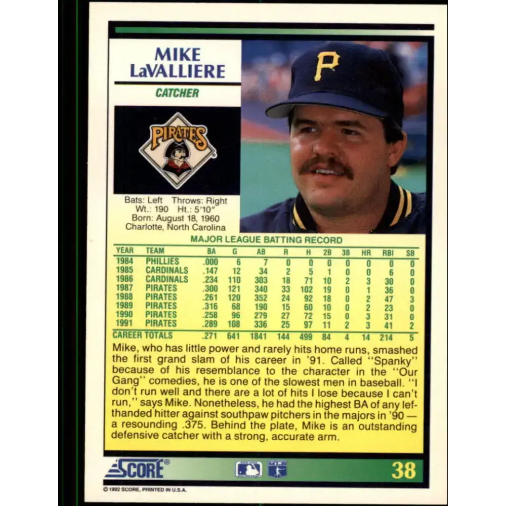 1992 Score #38 Mike LaValliere NM-MT Pittsburgh Pirates Baseball Card - Baseball Card Single