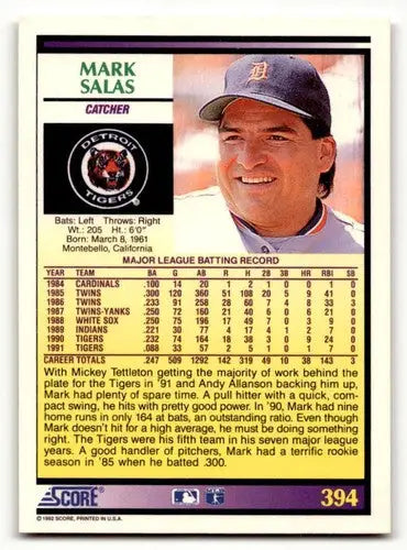 1992 Score #394 Mark Salas Detroit Tigers Baseball Cards EX/NM ID:60452 - Baseball Card Single
