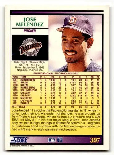 1992 Score #397 Jose Melendez San Diego Padres Baseball Cards EX/NM ID:58558 - Baseball Card Single