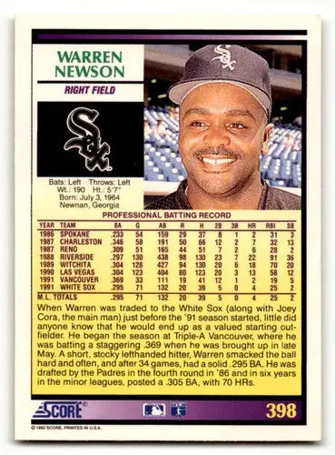 1992 Score #398 Warren Newson Chicago White Sox Baseball Cards EX/NM ID:58555 - Baseball Card Single