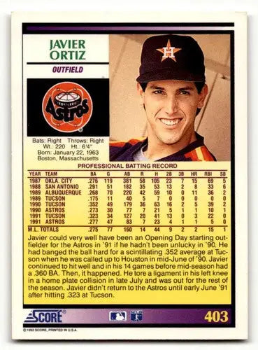 Javier Ortiz Houston Astros baseball card from 1992 Score #403 with EX/NM condition