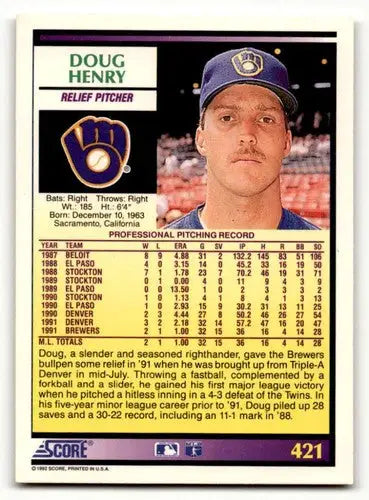 1992 Score #421 Doug Henry Milwaukee Brewers Baseball Cards EX/NM ID:60461 - Baseball Card Single