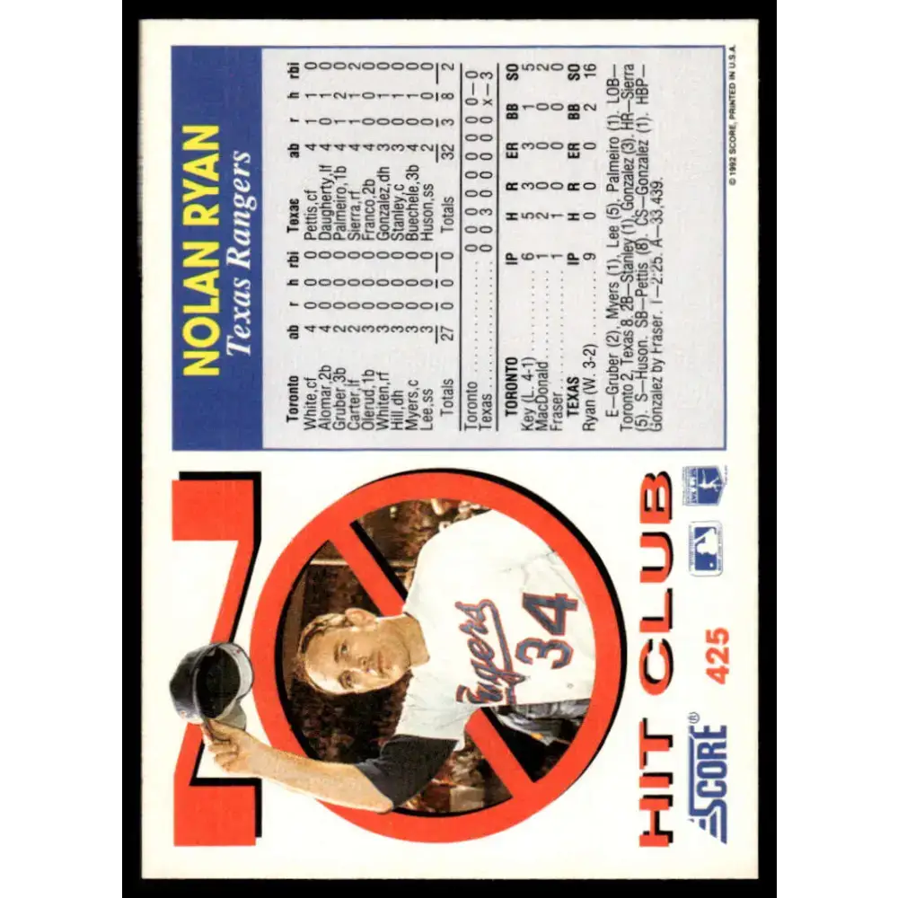 1992 Score #425 Nolan Ryan EX/NM Texas Rangers Baseball Card - Baseball Card Single