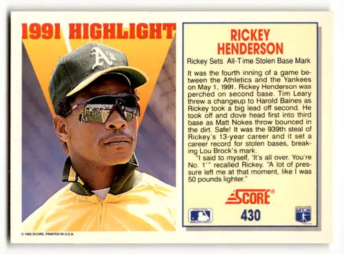 1992 Score #430 Rickey Henderson EX/NM Athletics HL ID:63350 - Baseball Card Single