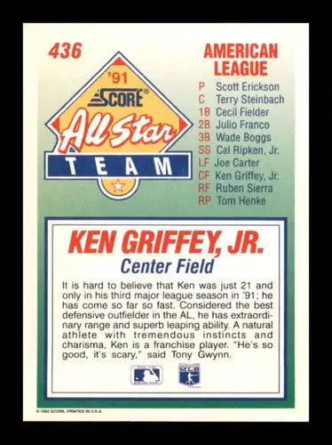 1992 Score #436 Ken Griffey Jr. NM Near Mint Mariners AS ID:83546 - Baseball Card Single