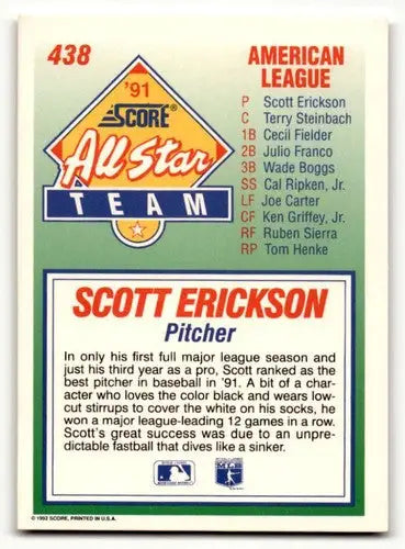 1992 Score #438 Scott Erickson Minnesota Twins Baseball Cards EX/NM ID:60460 - Baseball Card Single