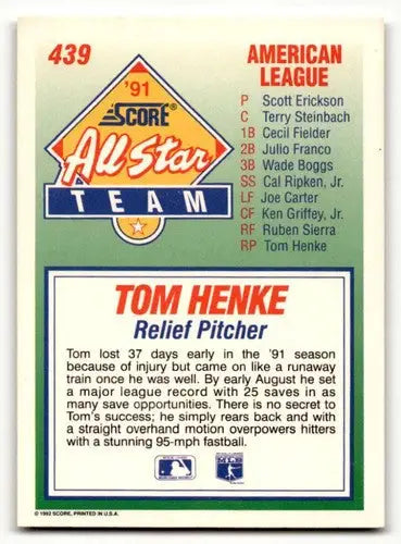 1992 Score #439 Tom Henke Toronto Blue Jays Baseball Cards EX/NM ID:60458 - Baseball Card Single