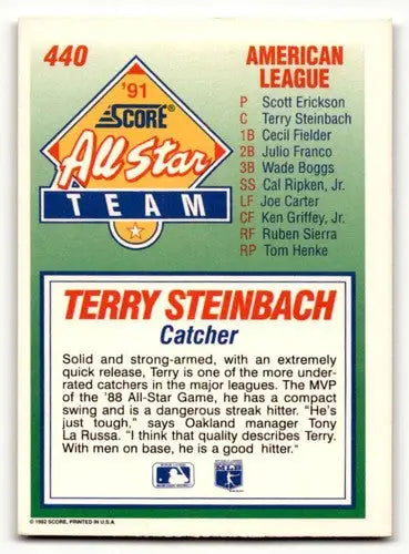 1992 Score #440 Terry Steinbach Oakland Athletics Baseball Cards EX/ ID:60459 - Baseball Card Single