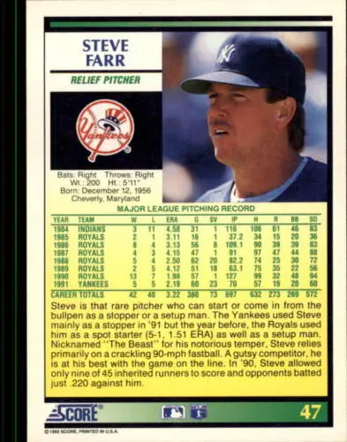 1992 Score #47 Steve Farr NM-MT Yankees baseball card with original gloss finish