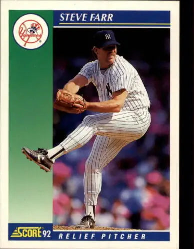 Baseball card of Steve Farr from 1992 Score featuring original gloss with Yankees