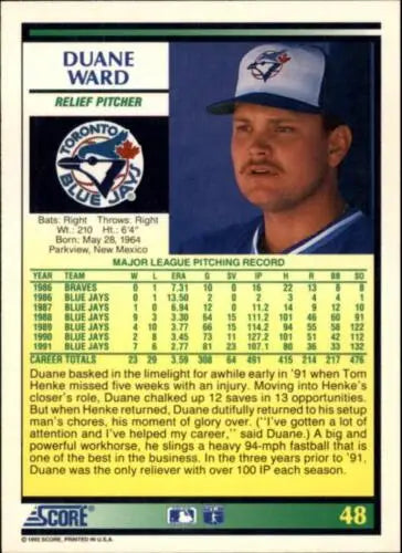 Duane Ward 1992 Score #48 baseball card with original gloss, Blue Jays collectible