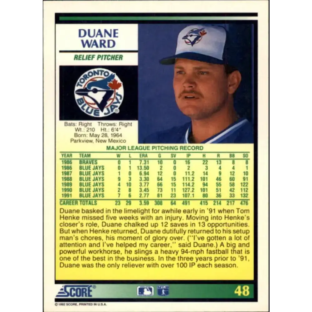 1992 Score #48 Duane Ward NM-MT Toronto Blue Jays Baseball Card - Baseball Card Single