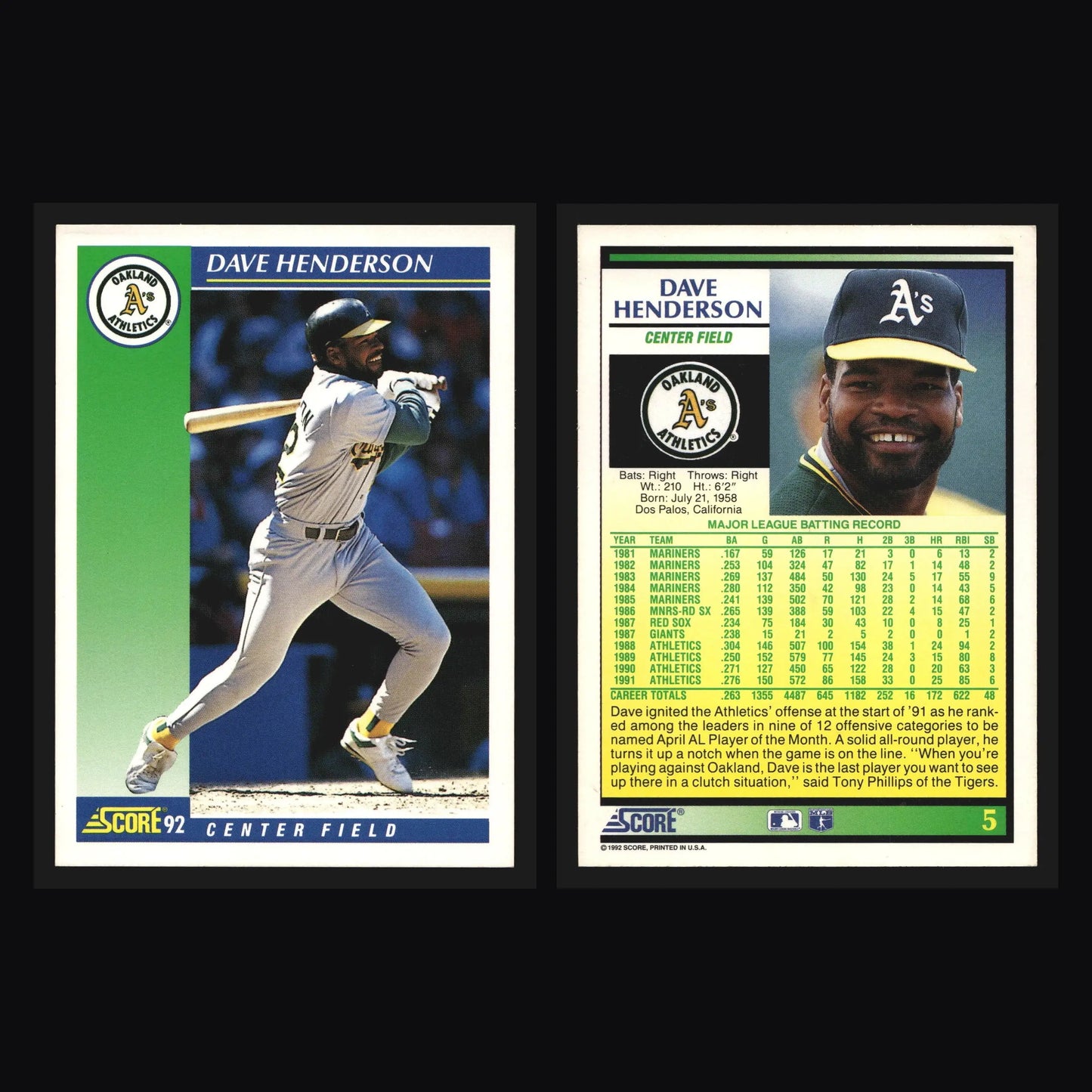 1992 Score #5 Dave Henderson Oakland Athletics - Baseball Card Single