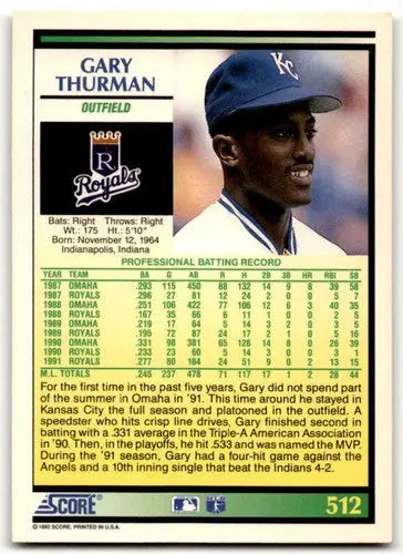 Original gloss Gary Thurman baseball card from 1992 Score #512 Royals featuring simply Sandoval