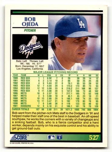 Bob Ojeda Los Angeles Dodgers baseball card from 1992 Score #527 EX/NM