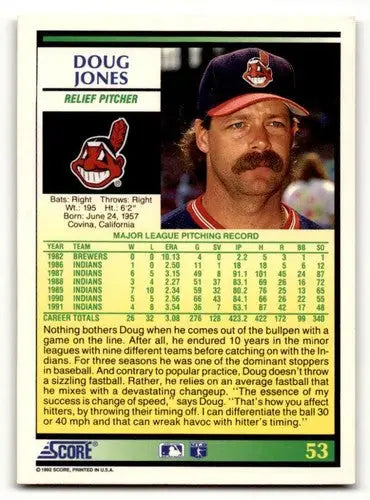 1992 Score #53 Doug Jones Cleveland Indians Baseball Cards EX/NM ID:58553 - Baseball Card Single