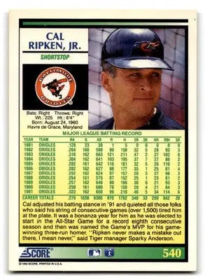 1992 Score #540 Cal Ripken Jr. - Baseball Card Single