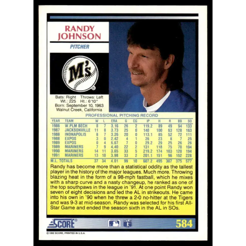1992 Score #584 Randy Johnson NM-MT Seattle Mariners Baseball Card - Baseball Card Single