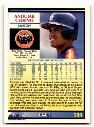 Original gloss 1992 Score Andujar Cedeno Houston Astros baseball card highlighting Cedeno Houston Astros player