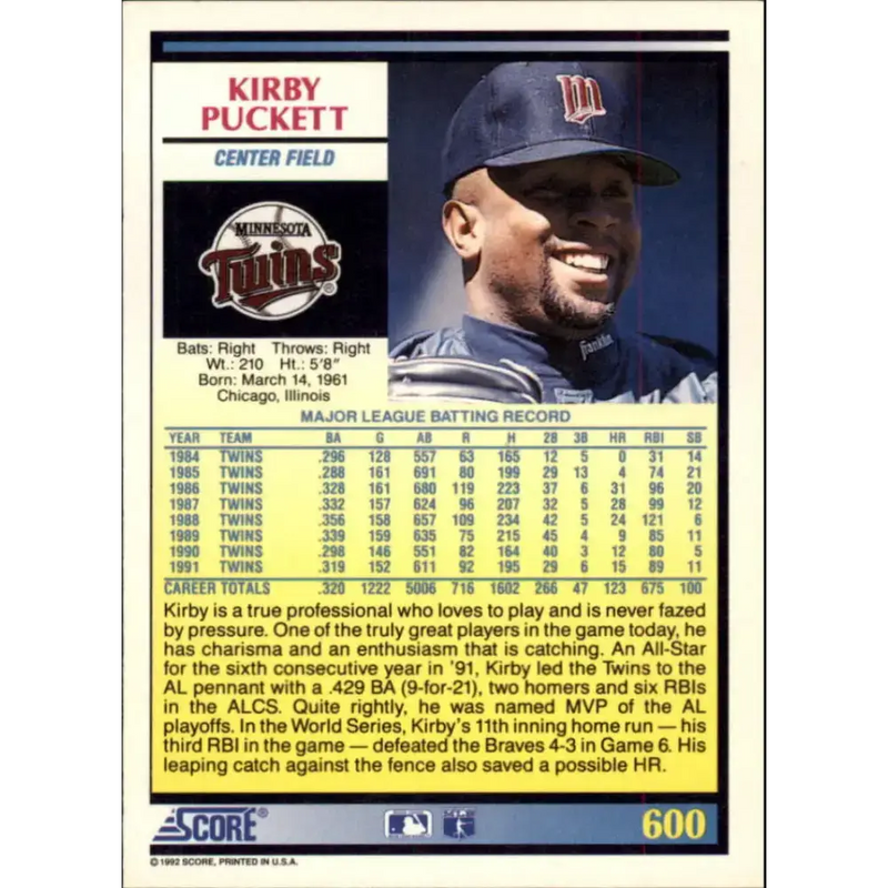 1992 Score #600 Kirby Puckett NM-MT Minnesota Twins Baseball Card - Baseball Card Single