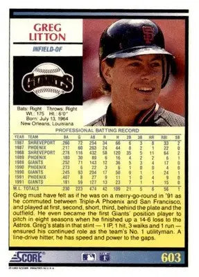 1992 Score #603 Greg Litton - Baseball Card Single