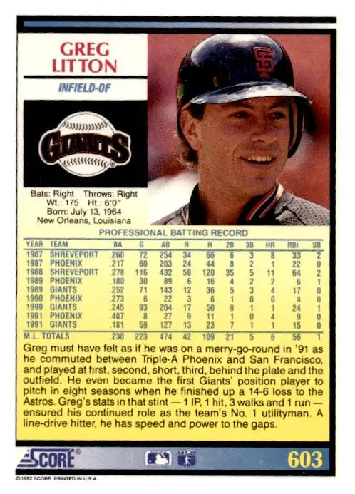 1992 Score #603 Greg Litton - Baseball Card Single