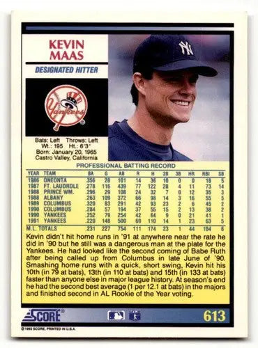 1992 Score #613 Kevin Maas New York Yankees Baseball Cards EX/NM ID:58556 - Baseball Card Single