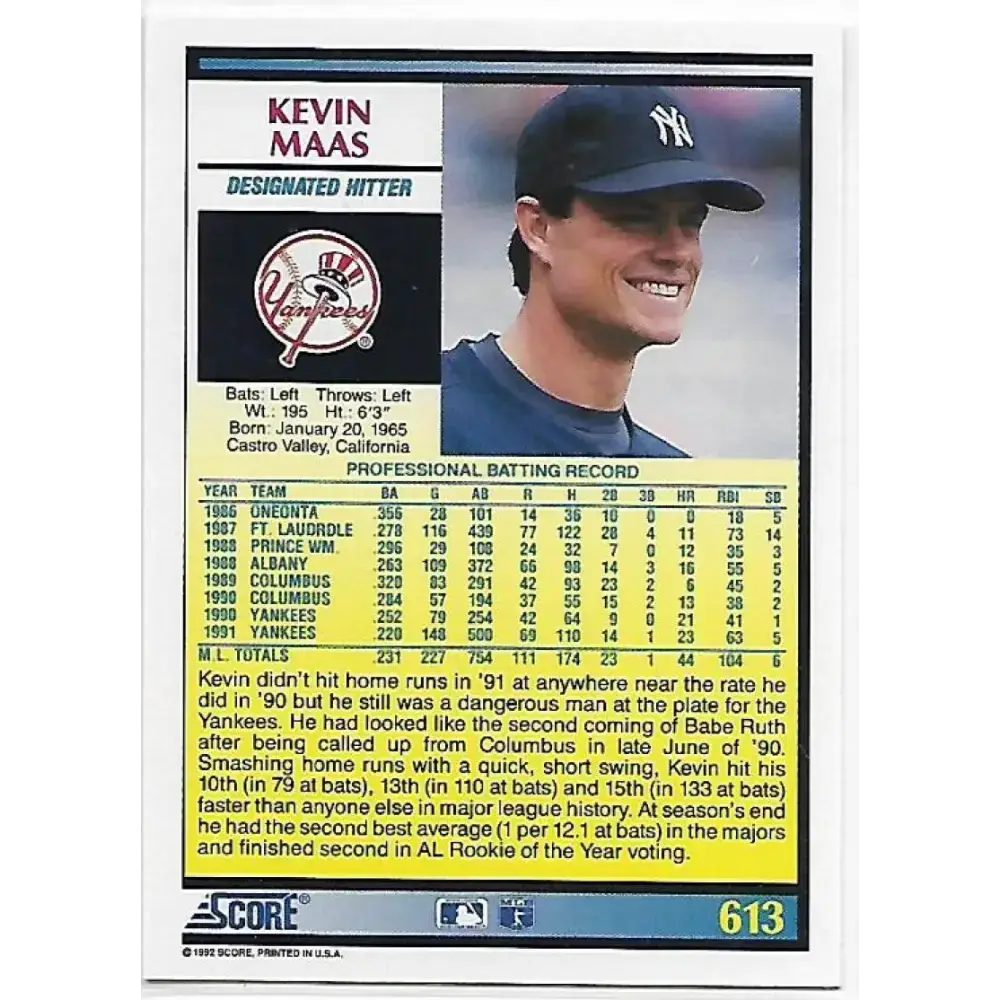 1992 Score #613 Kevin Maas NM-MT New York Yankees Baseball Card - Baseball Card Single