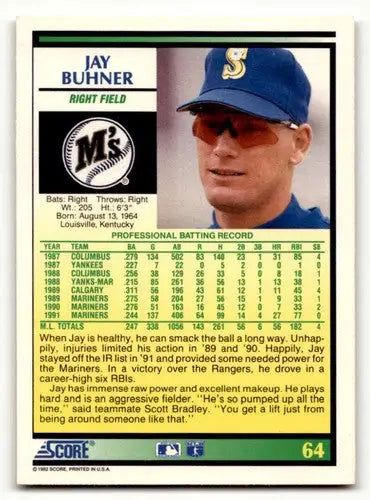 1992 Score #64 Jay Buhner Seattle Mariners Baseball Cards EX/NM ID:60466 - Baseball Card Single