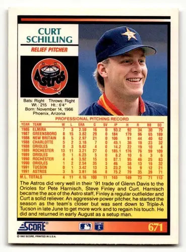 1992 Score #671 Curt Schilling Houston Astros Baseball Cards EX/NM ID:55113 - Baseball Card Single