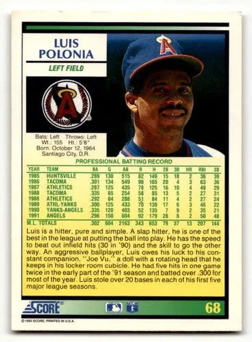 1992 Score #68 Luis Polonia California Angels Baseball Cards EX/NM ID:60467 - Baseball Card Single