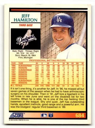 1992 Score #684 Jeff Hamilton Los Angeles Dodgers Baseball Cards EX/ ID:58559 - Baseball Card Single